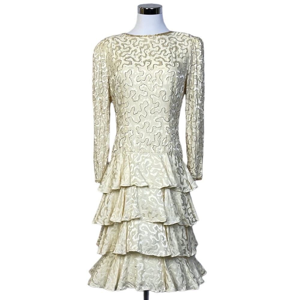 A.J Bari beige dress brocade silk ruffle tiered skirt, open back rhinestone